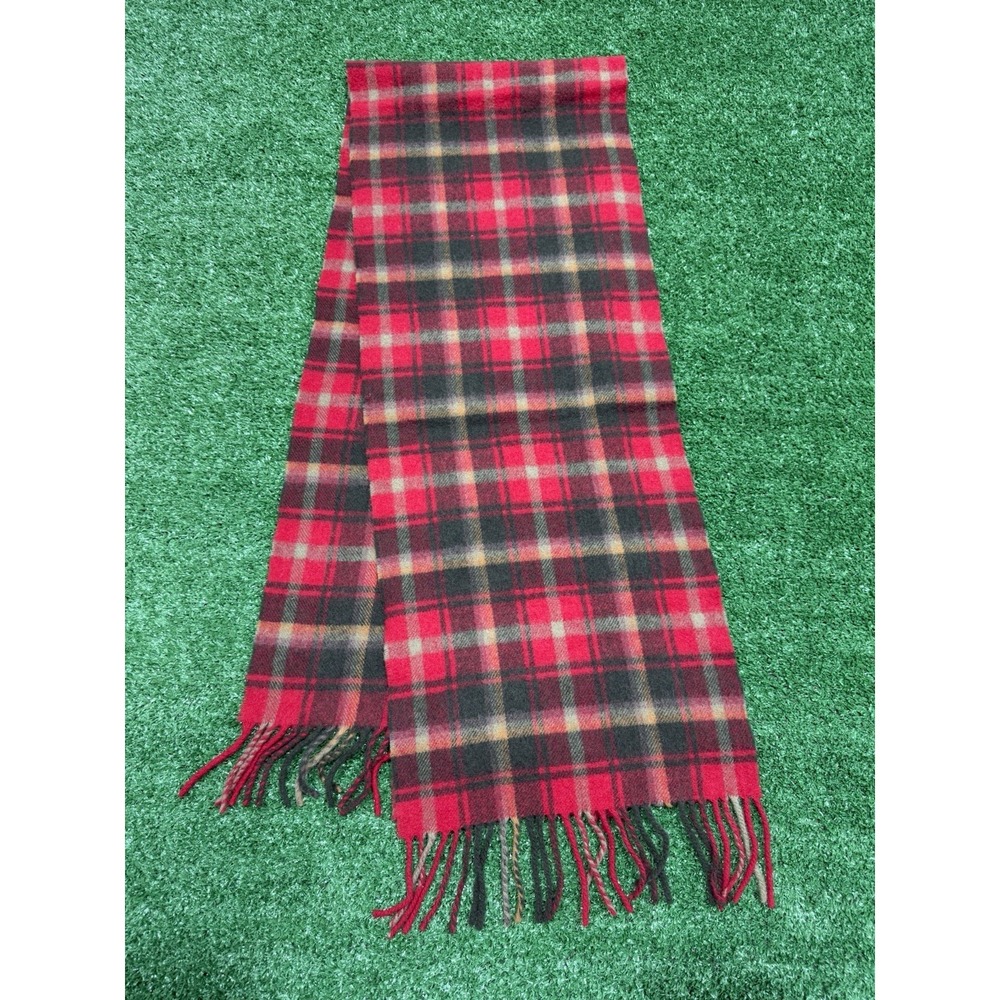 Johnstons of Elgin Scotland Lambswool Fringed Scarf Red Green Plaid
